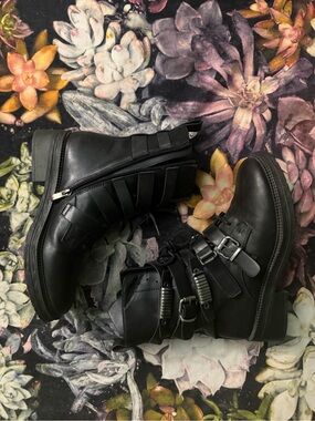 DKNY Black Leather Buckle Combat Boots